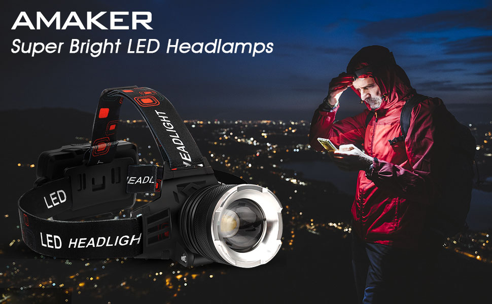 AMAKER LED Rechargeable Headlamp With 900000 Lumens and 6 Mode